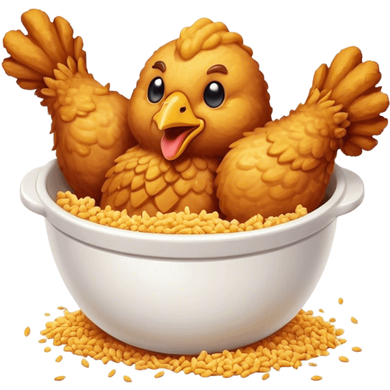 Cinematic crispy fried chicken, golden and crunchy, juicy inside, steaming as it is freshly served, sprinkled with seasoning, rich golden tones, inviting and delicious. emoji