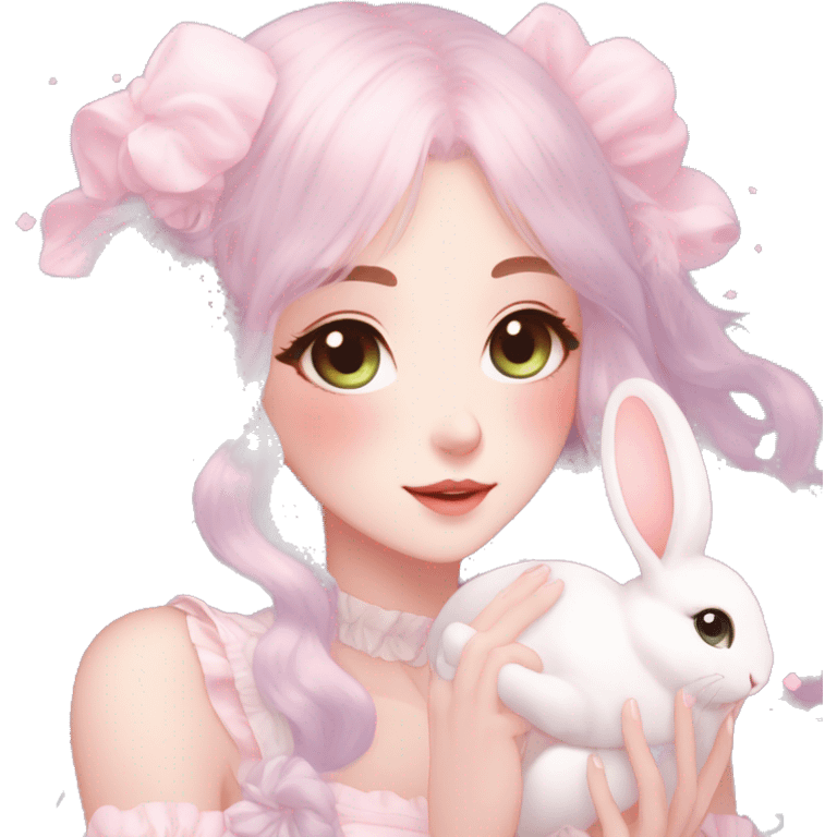 Gorgeous pastel anime style lady with blushing face and holding a bunny cottagecore fairycore pastelcore colorful pearly romantic simplistic aesthetic trending style emoji