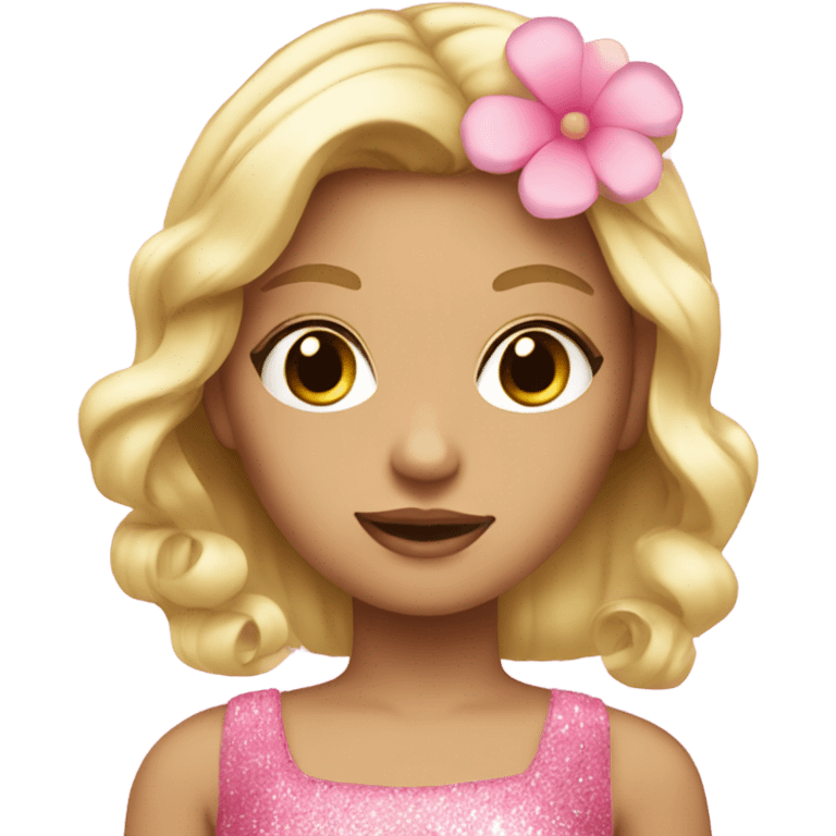 Girl with blonde hair with a pink sparkly dress and a pink flower in her hair emoji