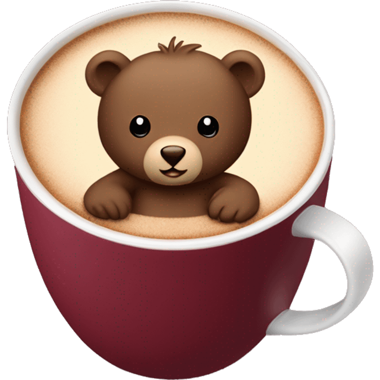 Baby bear inside of a cup of hot cocoa. Burgundy colored cup. The bear fits perfectly￼ in the cup. emoji