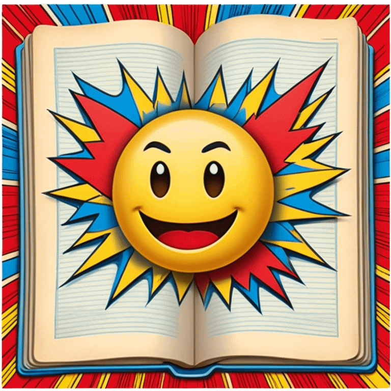 Create a vibrant emoji, representing comic books and graphic novels as an art form. The design should feature a large, opened comic book with vintage comic panels on the pages. Include a pencil (without a hand), writing text or sketching on the pages. The comic panels should have bold lines and retro-style artwork with classic comic book visuals. Use bright, energetic colors like red, yellow, and blue to evoke excitement and creativity. The overall design should feel dynamic, vintage, and artistic. Make the background transparent. emoji