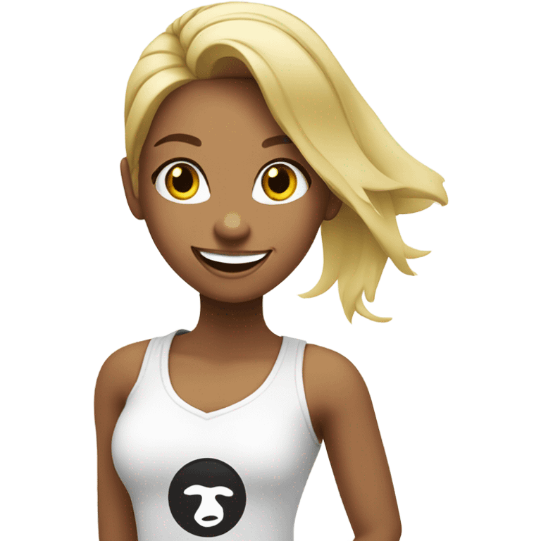 Blond girl smiling in with Zumba logo on white t-shirt emoji