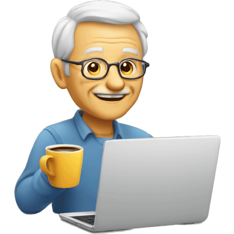 Old man with a computer and a coffee cup looking at me smiling emoji