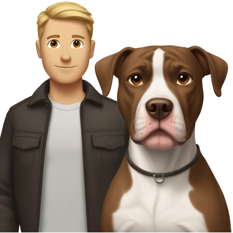 white male with dark brown hair and 5 o'clock shadow standing alongside a white and brown pitbull emoji