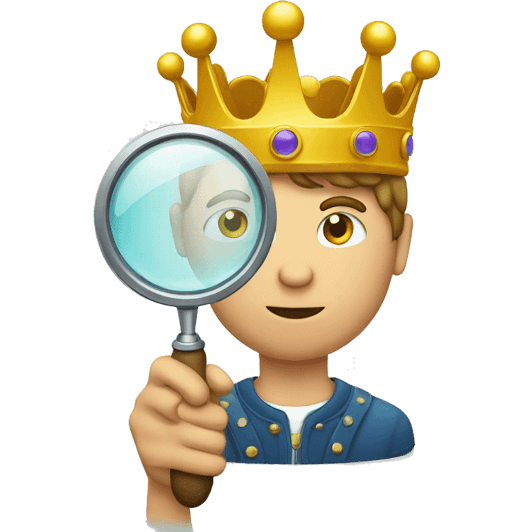 a man holding and looking through magnifying glass with crown emoji