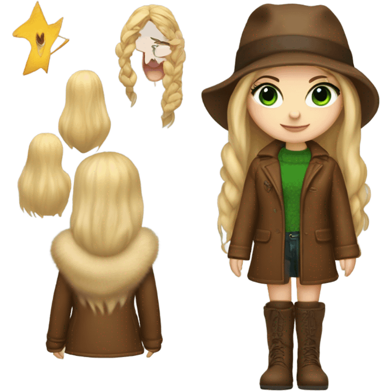 Realistic White girl with Long straight blonde hair, green eyes, tattoos, full body wearing Brown fur coat and fur hat and Brown leather boots emoji