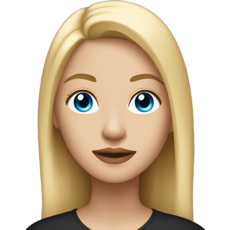 a woman with blue eyes, light skin, blonde straight hair. black shirt. emoji