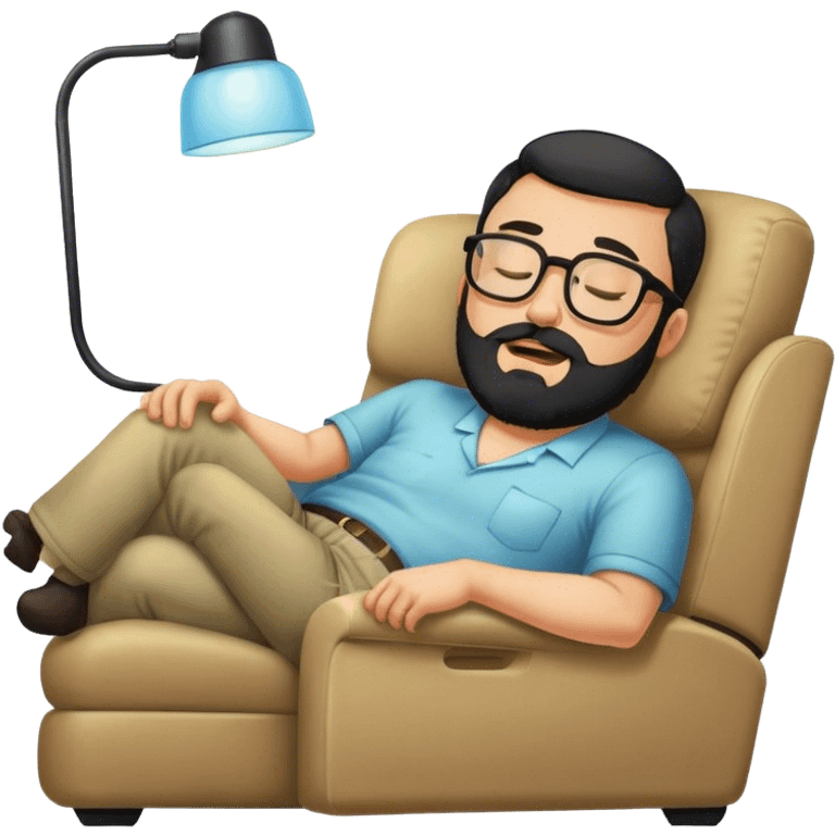 Guy with glasses and black beard sleeping on recliner and drooling  emoji