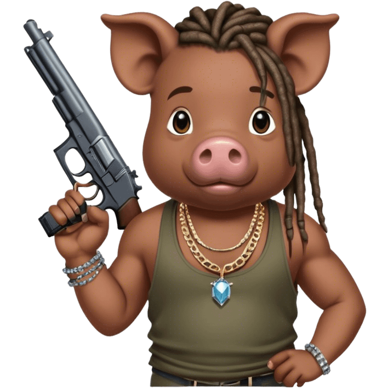 african-american race pig with dreads looking gangster with gun and tank top, with diamond blinging chain emoji