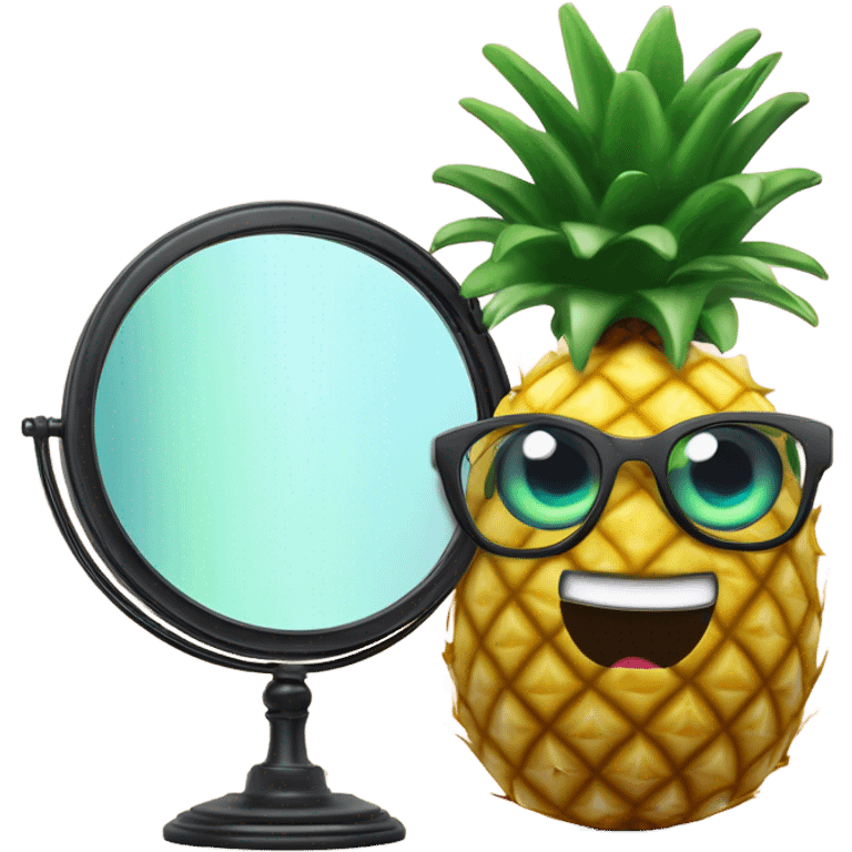 3D elegant pineapple🍍  with big shiny eyes 👀 pineapple holds mirror with its reflection 🪞🍍 emoji