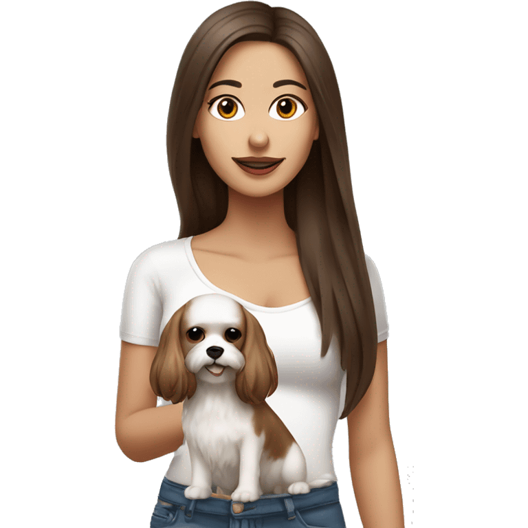 beautiful woman, straight long medium brown hair, big boobs, brown eyes With white Maltese dog emoji