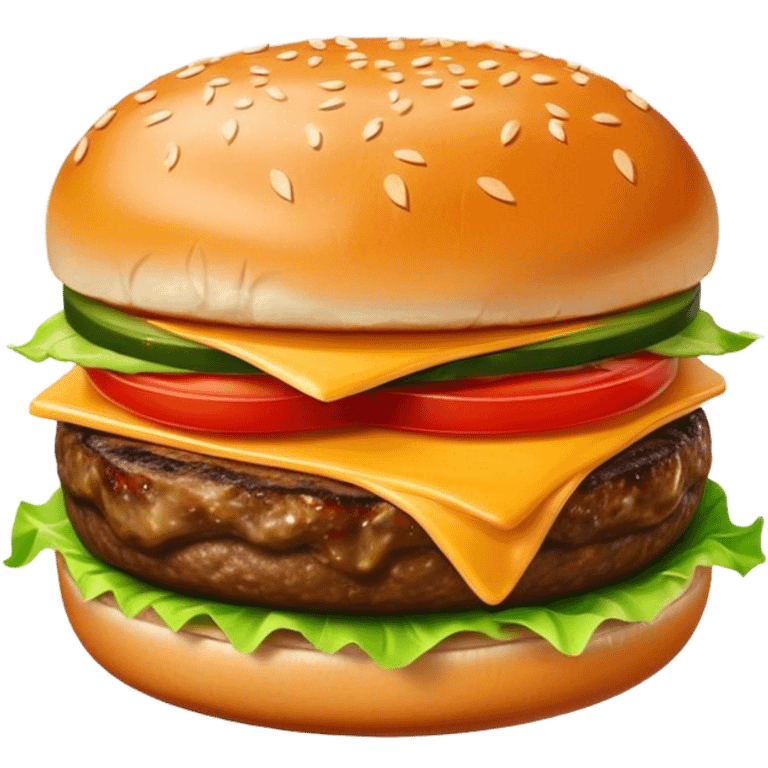 Cinematic juicy cheeseburger, perfectly grilled patty, melted cheese, crisp lettuce, tomatoes, and pickles, soft sesame seed bun, glossy and rich, warm glowing background, ultra-detailed and appetizing. emoji