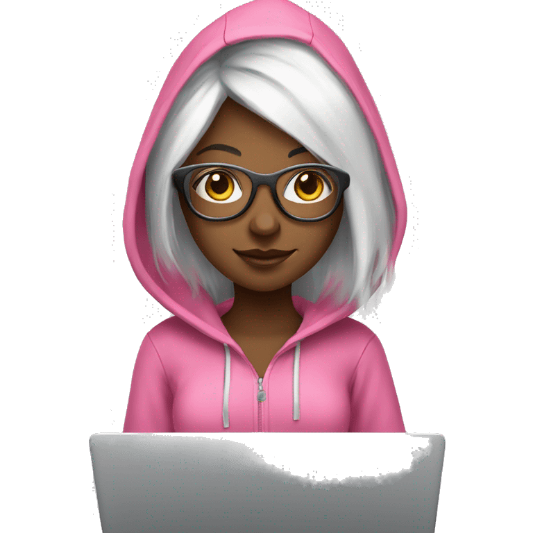 tech girl with white hair and pink hoodie with clear glasses with laptop emoji