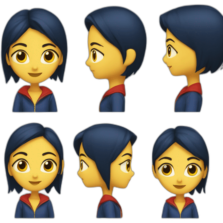 Girl with dark blue mid hair and a red with a red jacket, a yellow skin and determinated face emoji