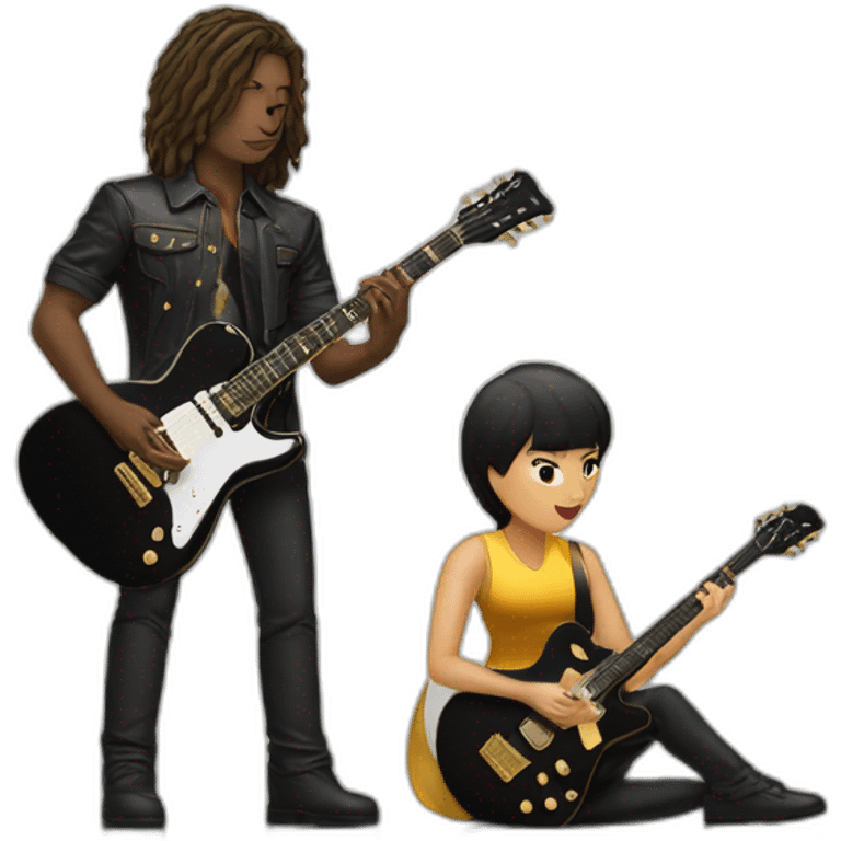 male guitarist, black electric guitar with golden stripes and female pianist emoji