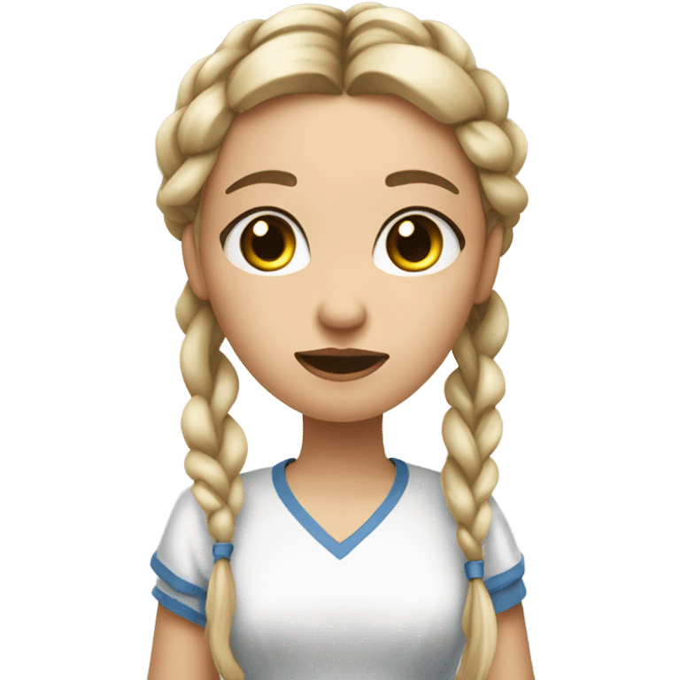 "A young woman with braided blond hair, fair skin, and a lively but slightly worried expression. She wears a simple dress, holding a brush with wite paint dripping from it." emoji