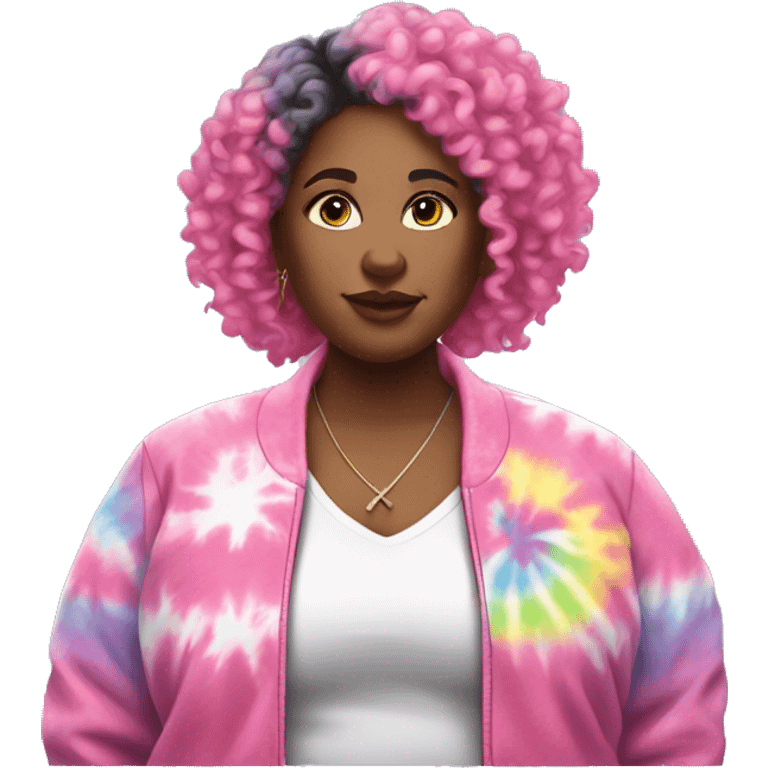 Pretty Plus size black woman with pink curly hair and a tie dye jacket  emoji