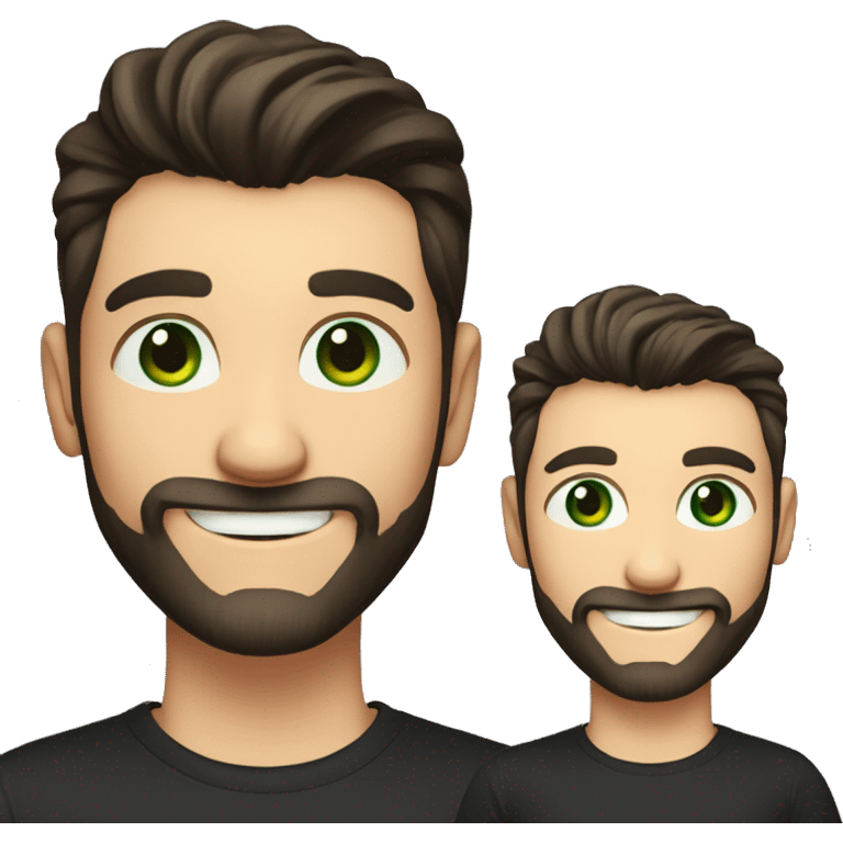 Handsome man with dark hair, gradient short hair on the side, green eyes. Big smile and thin face. Black t-shirt. A little beard, pointing to the right emoji