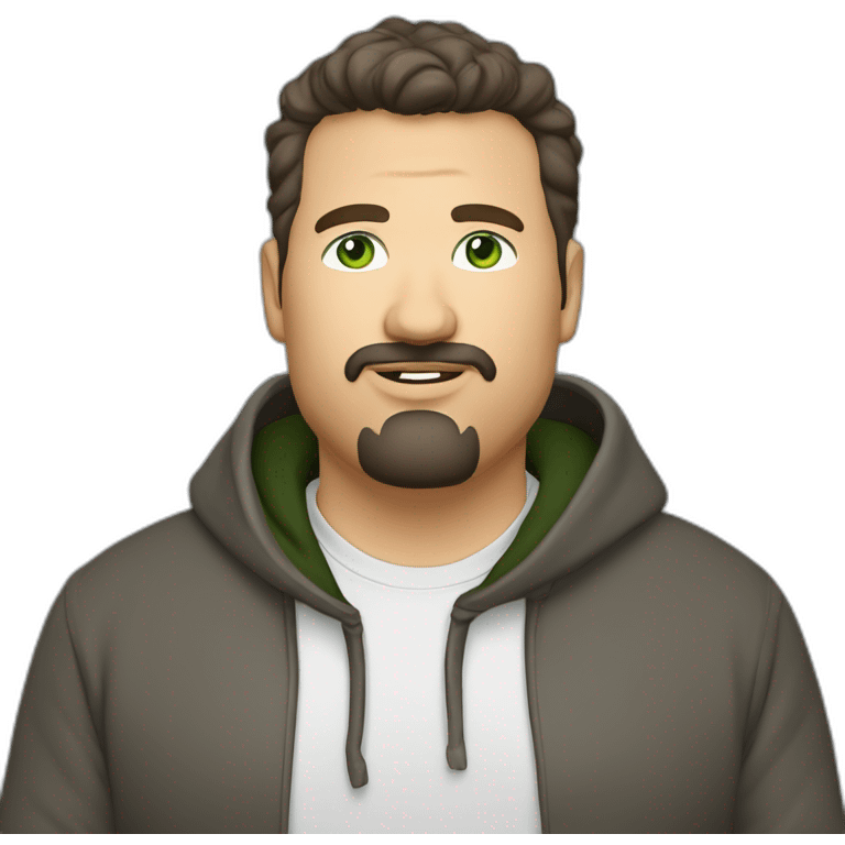 fat middle aged developer short dark brown graying hair goatee with green eyes hoodie emoji