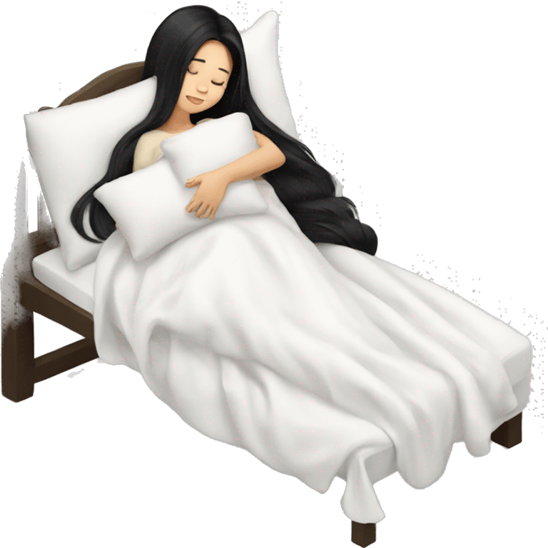 asian cute girl with long beauty black hair sleeping with white blanket and pillow emoji