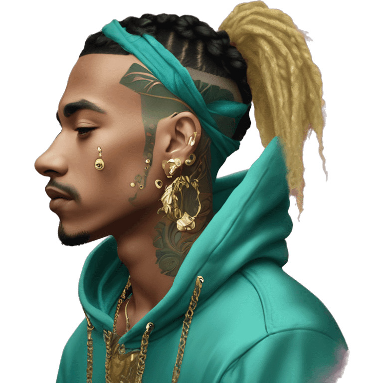 Vintage patina intricate swirls gold jewellery baroque golden raven tropical Deep pink maroon burgundy cyan dark hoodie man vitiligo dyed hair gold piercings nose piercing ear piercings emoji