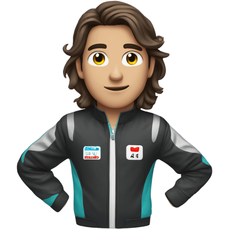 Brunnete boy with semi long hair wearing a karting suit emoji