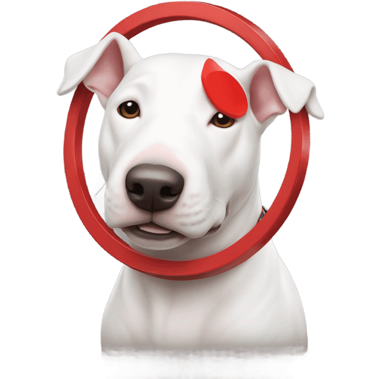 White bull terrier dog with red target emoji