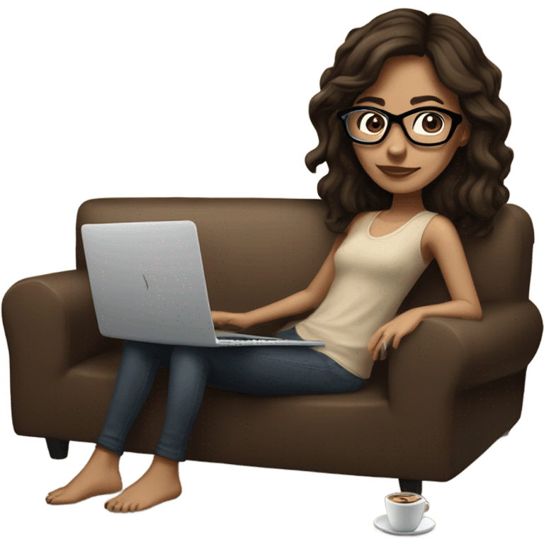 brunette girl laying on a brown couch with cream colored pillows with glasses on and a laptop on small table in front with coffee cup on mouse pad emoji