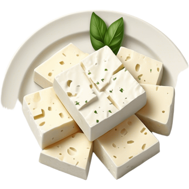 Feta Cheese Cinematic Realistic Feta Cheese Dish Emoji, depicted as slices of tangy, creamy feta cheese served on a plate, rendered with crisp textures and soft, natural lighting. emoji