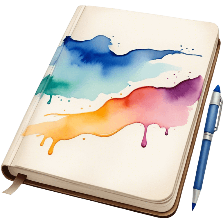 Cinematic Realistic image of an open sketchbook accompanied by a set of translucent watercolors, with delicate pigment stains and soft, flowing brushstrokes, captured under gentle, diffused lighting that highlights creative fluidity emoji