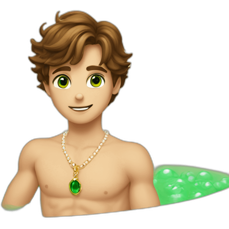 Posh-muscle-boy-brown-hair-green-eyes-pearl-necklace-in-golden-bathtub emoji