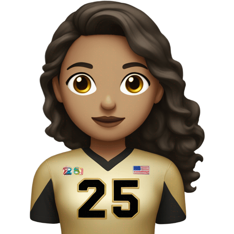 Brunette haired girl with a black and gold jersey with the number 25 emoji