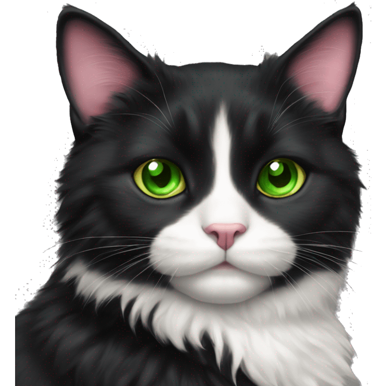 fluffy black tuxedo cat with green eyes and pink nose emoji