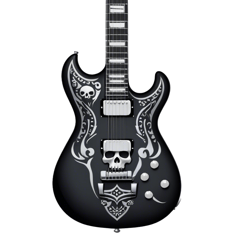 Create a dynamic and bold emoji representing the Dean VMNT AOD electric guitar (V-shaped model) inspired by Dave Mustaine's Angel of Death. The design should feature the sharp, angular 'V' shape of the guitar with a unique, striking graphic, including elements like dark skulls or angel wings to reflect the album's themes. Use bold colors like black with silver or gold accents, and add metallic details like chrome tuning pegs and pickups. The guitar should have a powerful, rebellious look, reflecting the heavy metal vibe. The background should be transparent. emoji