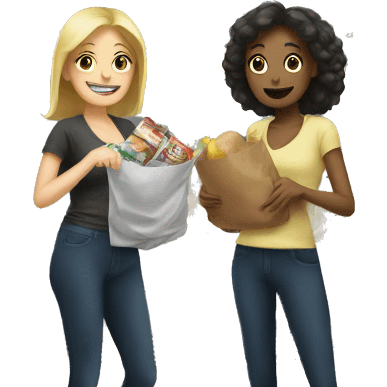 Two white women stocking groceries on a shelf emoji