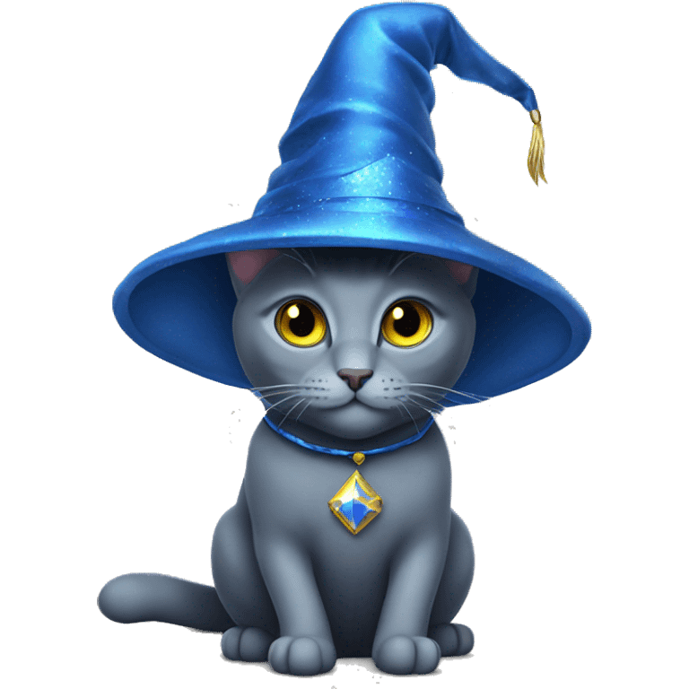 Russian blue cat with a blue wizard hat emoji