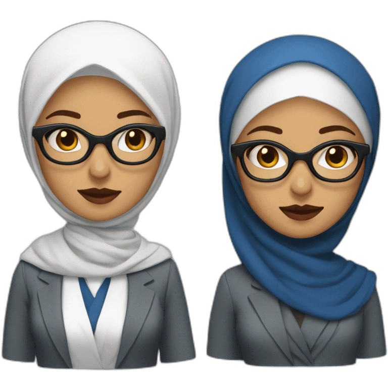 Hijabi white woman with glasses and dark brown eyes wearing a blue suit and red lipstick emoji