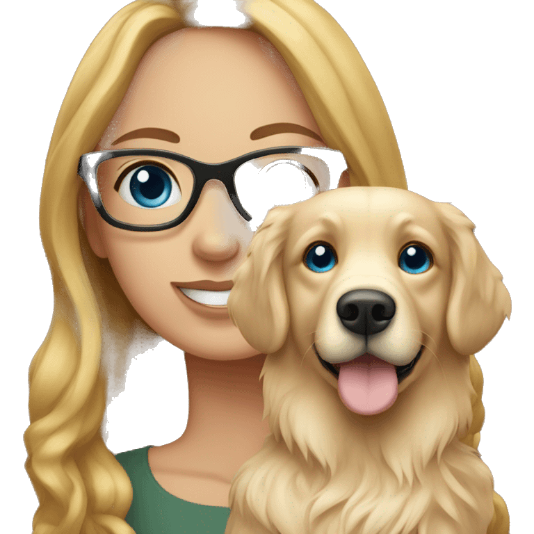 brunette lady with blue eyes and glasses holding a golden retriever  emoji