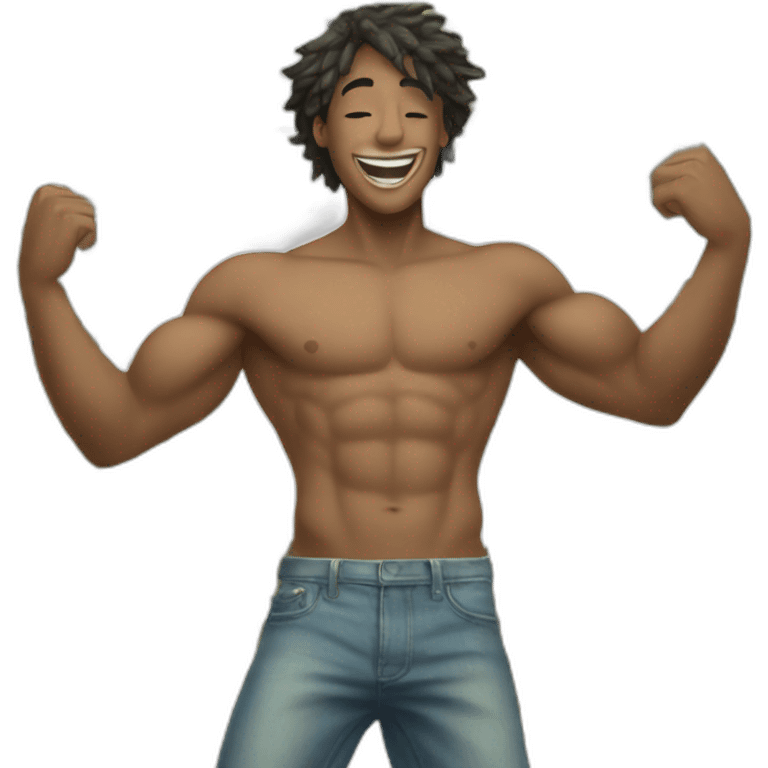 Shirtless guy dancing under raining money  emoji