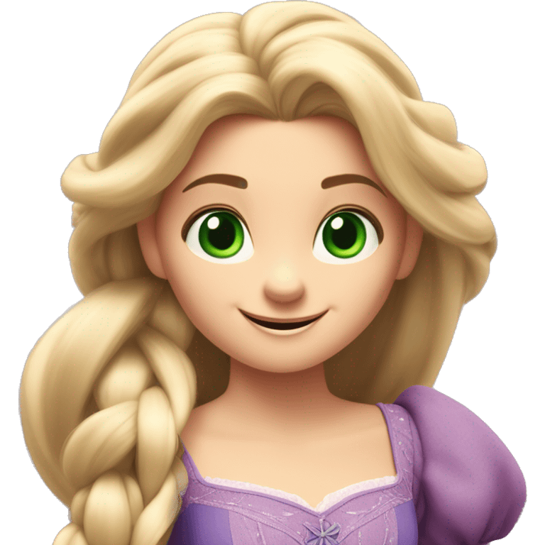 Rapunzel, in Tangled, has very long, shiny blonde hair, large green eyes, and a delicate face with a gentle smile. She wears a purple dress with puffed sleeves and radiates a joyful, curious, and innocent expression emoji