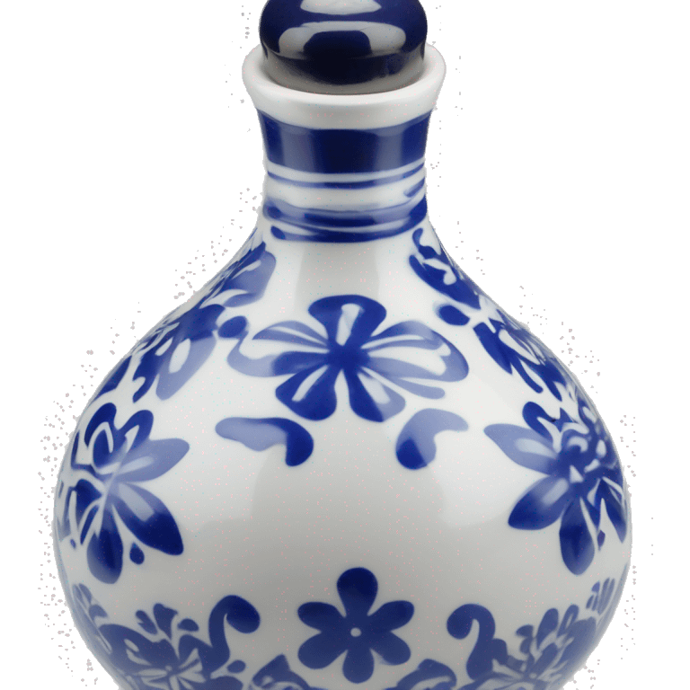 The Clase Azul Tequila bottle is tall and hourglass-shaped, with a wide base that tapers towards the neck. Its white ceramic body is decorated with cobalt blue floral designs, and it’s topped with a complete gray, bell-shaped stopper that curves inward  emoji