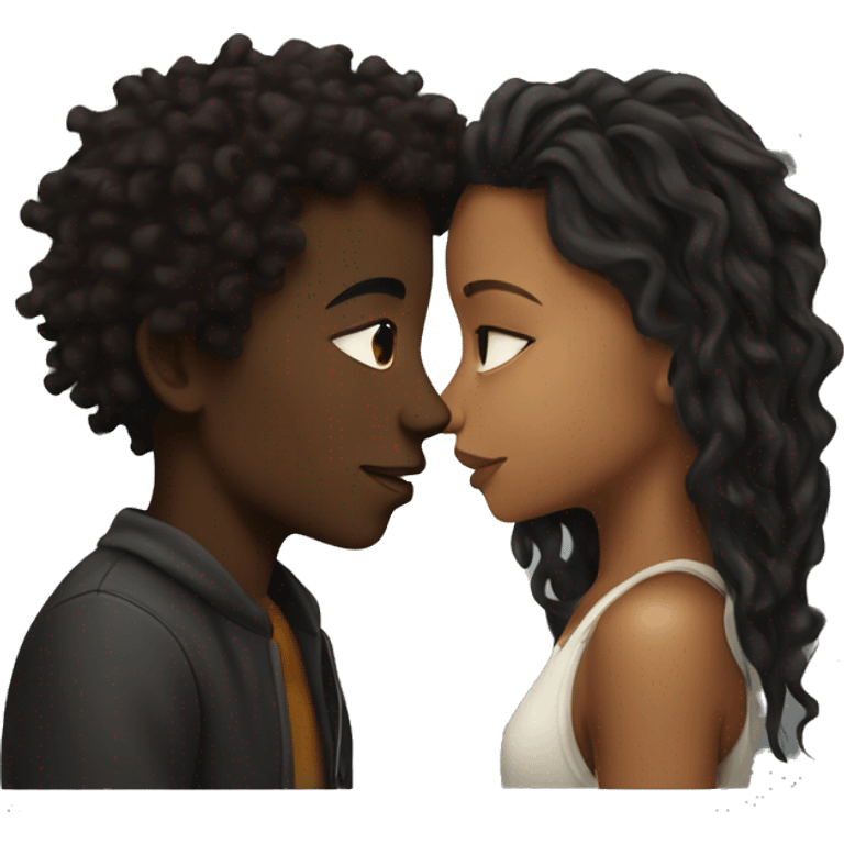 Brown girl with wavy hair kissing black boy who has dreads  emoji