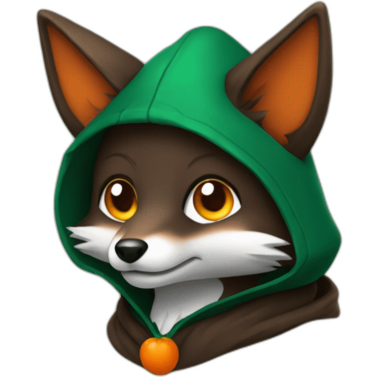 a small dark brown fox with orange eyes with a dark green hood that smile emoji