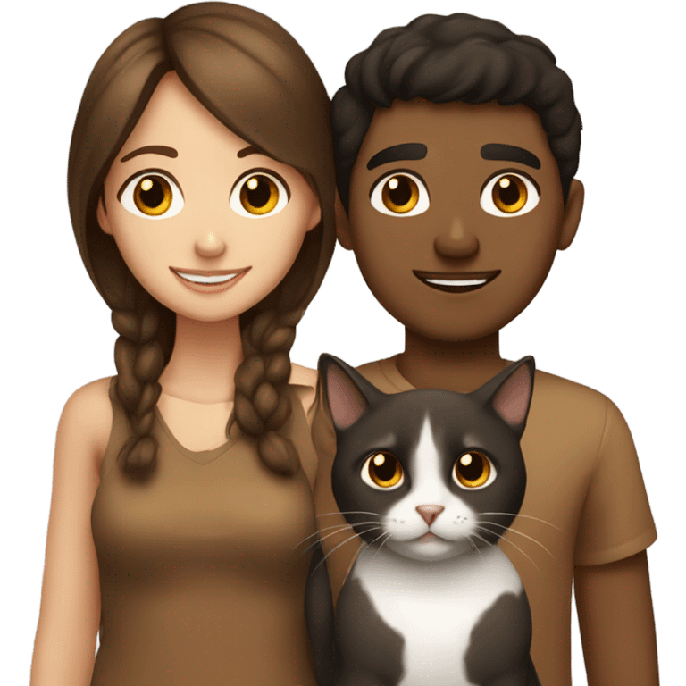 Brunette girl and brown boy with their cat emoji