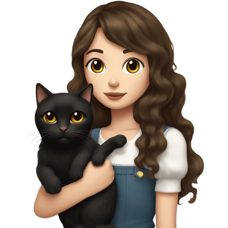 tall skinny brunette haired girl with brown eyes medium wavy hair and curtain bangs holding fat black cat with white spot on its belly emoji