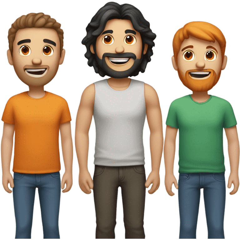 Happy guy with two friends. One with a beard and black long hair. One with short orange hair. One with medium brown hair  emoji