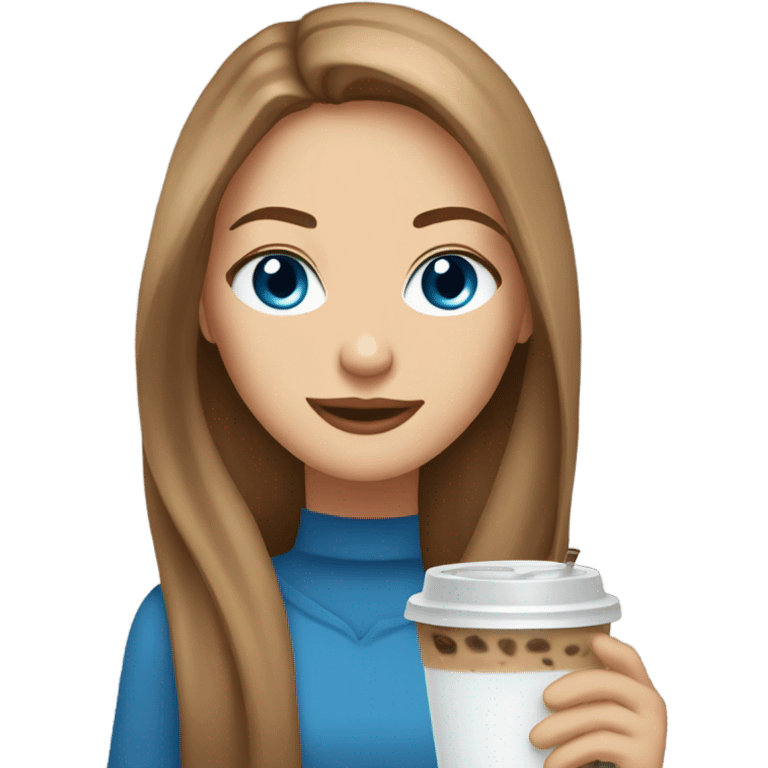 Beautiful woman, straight long light brown hair, blue eyes, cozy holding an iced coffee emoji