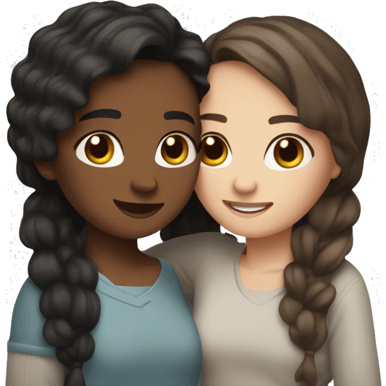 Two best friends hugging one with wavy black hair and the other with straight brown hair with highlights. Both white skin emoji