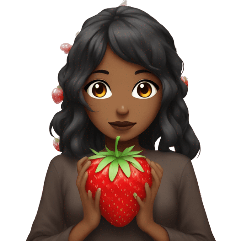 Anime-Style Eyes. Lady. Kawaii. Brown Skin. Black hair. Hold a giant strawberry emoji