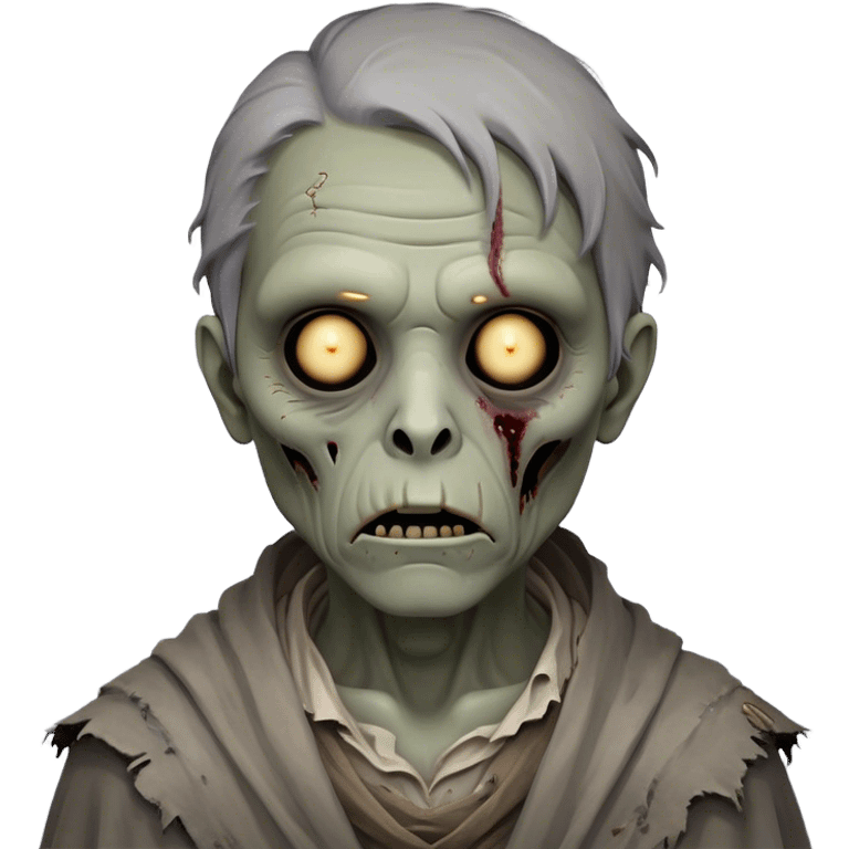 Cinematic Noble Zombie Portrait Emoji, Surprisingly dignified and somber, with a decaying yet strangely regal visage in ashen grays and muted tones, draped in tattered attire hinting at a lost grandeur, simplified yet meticulously detailed, glowing with a soft, eerie radiance and a gentle outline that evokes the tragic nobility of the undead! emoji